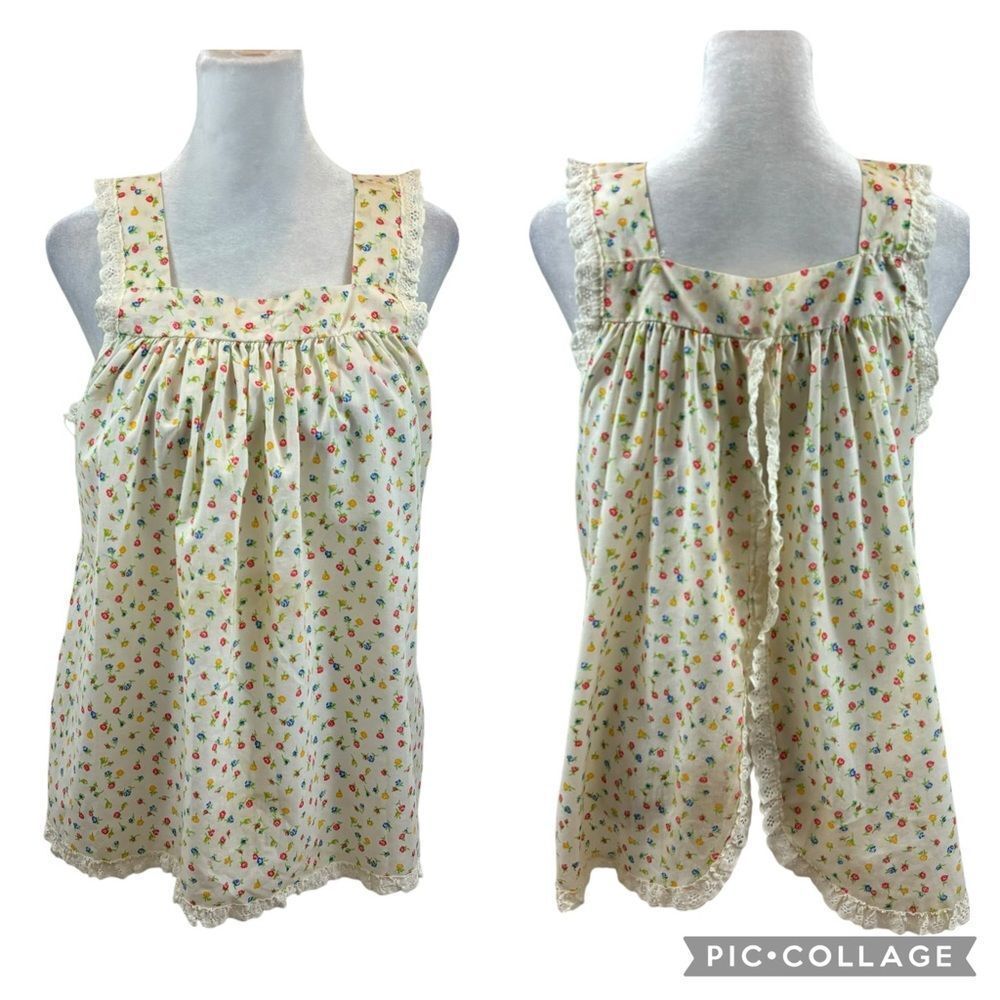 Ladies Vintage Floral And Lace Detail Split Back Square Neck Blouse Medium